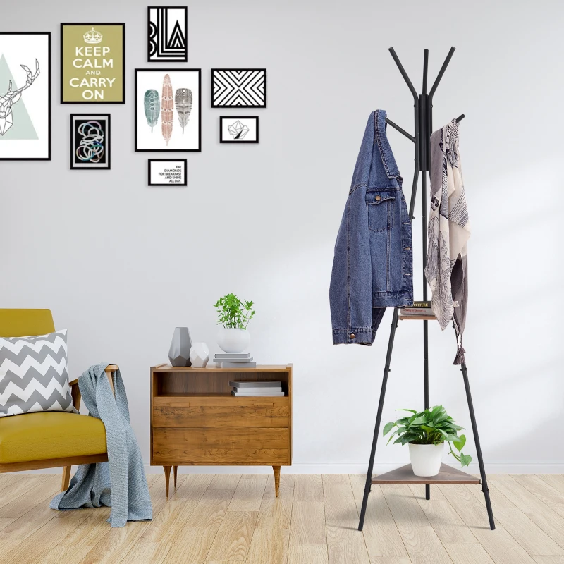 HOMCOM Porte-manteau trépied style industriel branches 2 étagères + 6 patères dim. 52L x 46l x 182H cm métal noir