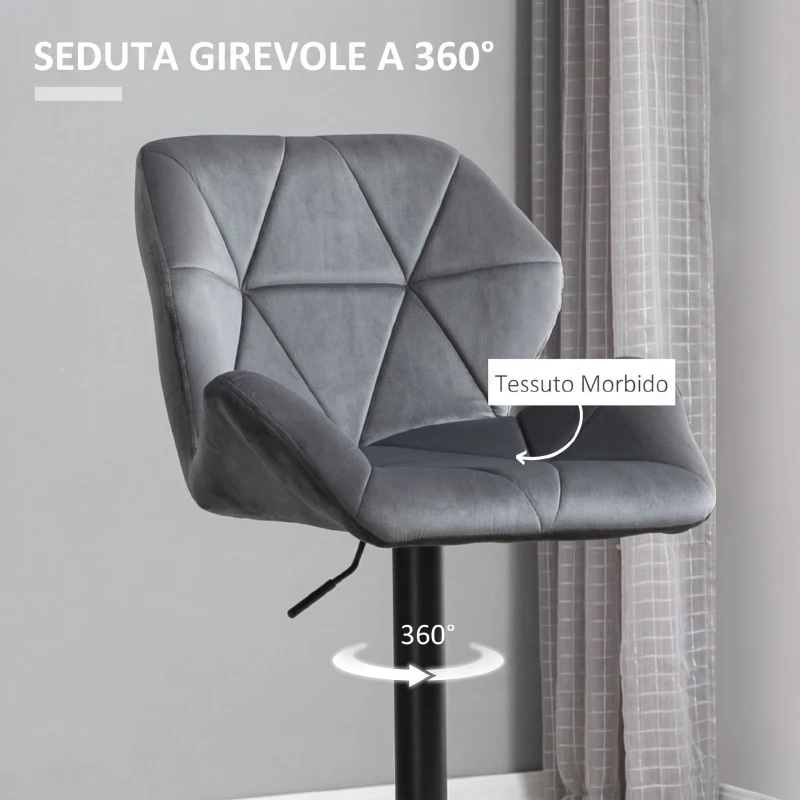 HOMCOM Set di 2 Sgabelli da Bar Alti in Velluto Imbottiti con Altezza Regolabile, Sgabelli Cucina Girevoli con Schienale e Poggiapiedi, Grigio
