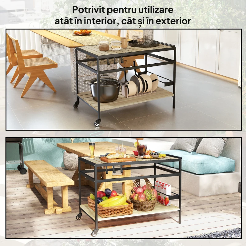 Outsunny Cărucior de Grădină pentru Servit, din Lemn cu Șipci și Oțel, Raft și Mâner, 107x65x80 cm