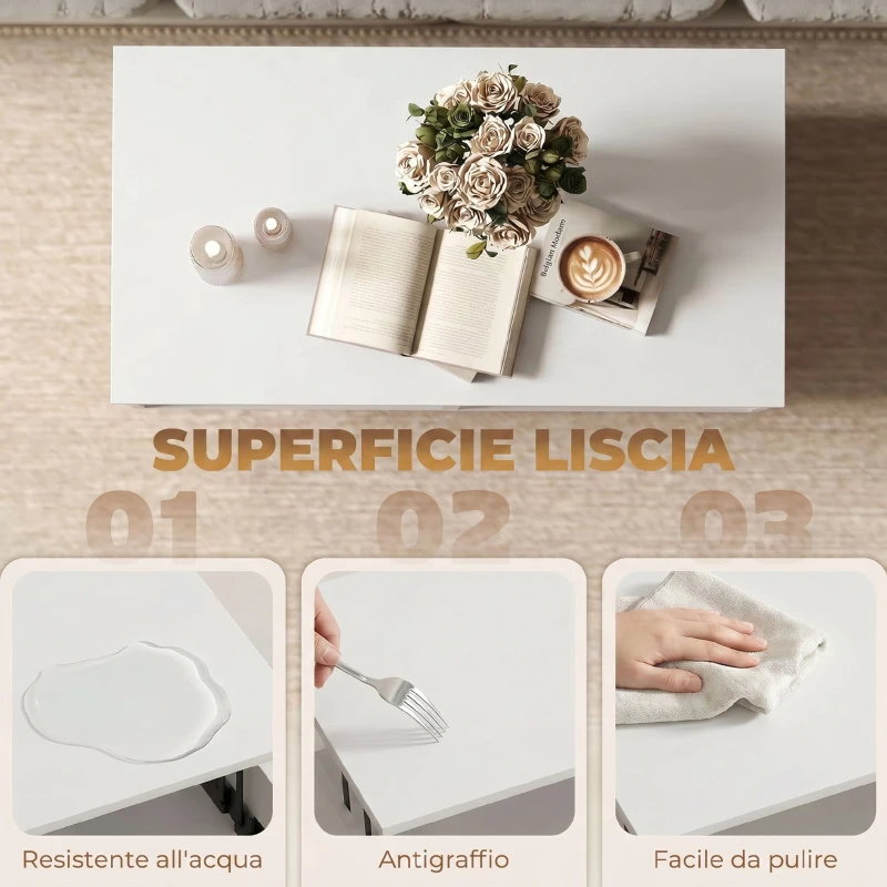 HOMCOM Tavolino da Caffè con Piano Sollevabile e Spazio Nascosto, 75 cm Bianco Punzonato