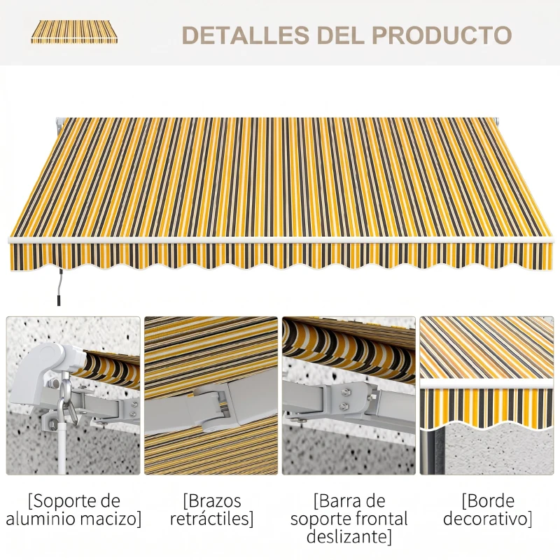 Outsunny Toldo para Balcón 350x250 cm con Manivela de Metal Impermeable y Anti-UV para Jardín Terraza Ventanas Gris y Amarillo