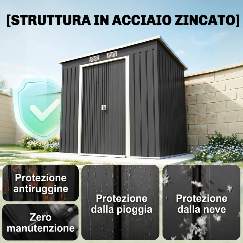 Outsunny Capanno Attrezzi con Tetto Inclinato, 2 Ingressi e Prese d'Aria, in Acciaio, 213x130x172 cm, Grigio Scuro