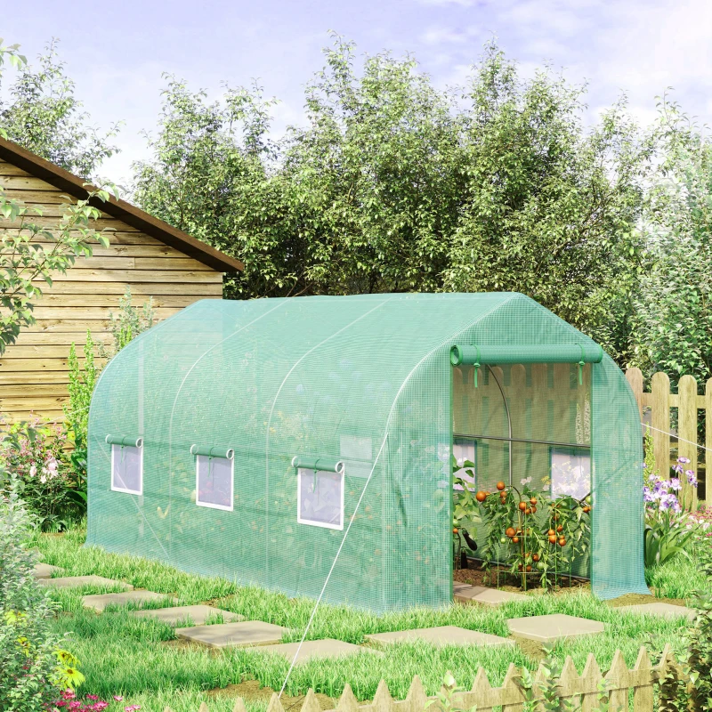 Outsunny Serre tunnel de jardin 8m², serre de jardin tunnel avec 1 porte et 6 fenêtres, bâche PE 140g/m² 400x200x200cm vert
