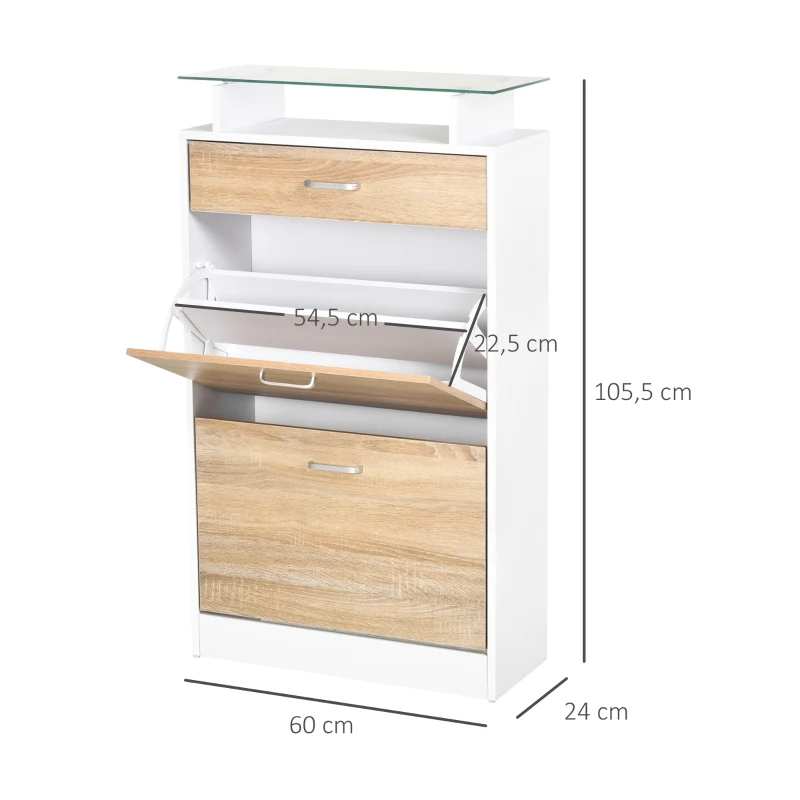 HOMCOM Armoire à Chaussures Meuble rangement Chaussures 2 Portes abattantes 2 Compartiments, tiroir, Plateau en Verre - Bois chêne Blanc