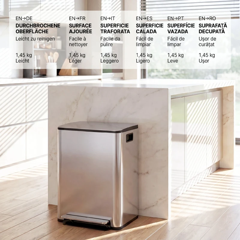 HOMCOM Coș de gunoi cu 2 compartimente de 20L cu pedală și capac silențios, din oțel inoxidabil și PP, 41,8x36,7x58 cm