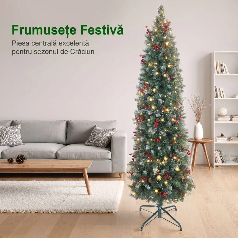HOMCOM Brad de Crăciun Iluminat cu 200 de Lumini LED, 42 Conuri și 42 Ciorchini de Fructe de Pădure, Ø65x180 cm, Verde și Argintiu