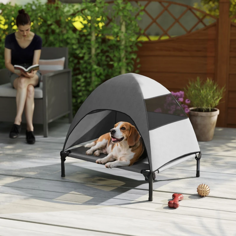 PawHut Cama para Cão Exterior com Dossel Cama Elevada para Cães Médios 76x61x71 cm Cinza Claro