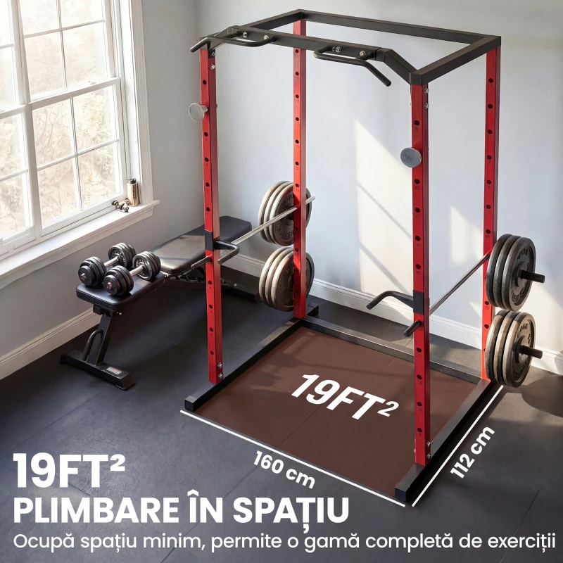SPORTNOW Rack Reglabil pentru Genuflexiuni Power Cage cu Bară de Tracțiuni, 460 kg, Negru