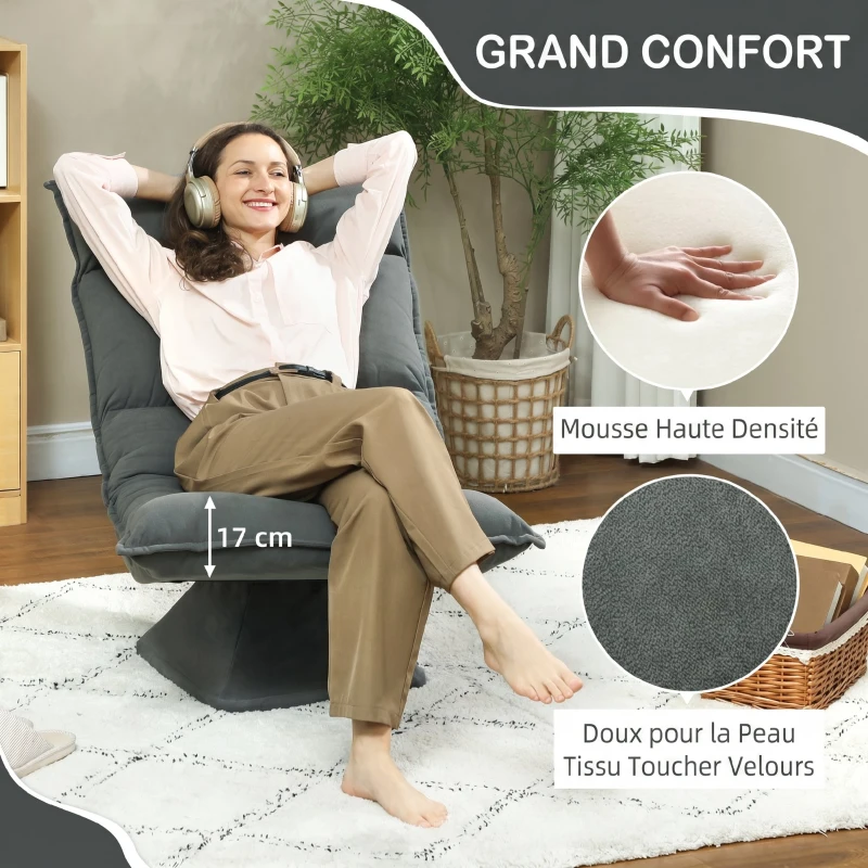 HOMCOM Chaise de sol pivotante à 360°, fauteuil pliable en velours avec dossier réglable 5 positions, 70x62x95cm, gris foncé