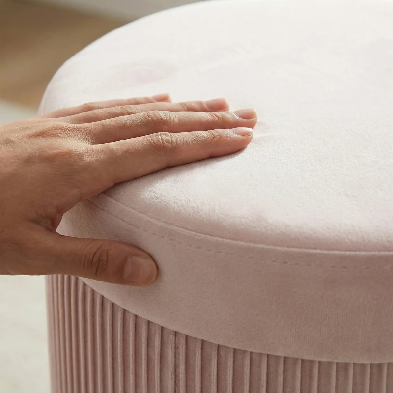 HOMCOM Puff Almacenaje Banco Almacenaje Plegable 35 L 38x38x38 cm Tapizado en Terciopelo Baúl de Almacenamiento Redondo Rosa