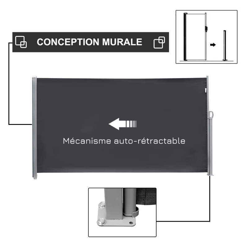 Outsunny Store latéral brise-vue paravent rétractable 3 x 1,8 m métal polyester imperméable anti-UV haute densité 180 g/m² gris