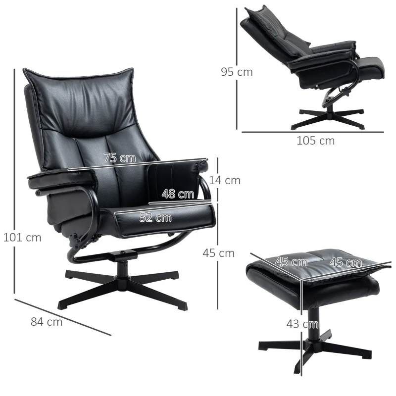 HOMCOM Poltrona Relax com Banco Giratória Encosto Reclinável Estrutura de Aço Preto