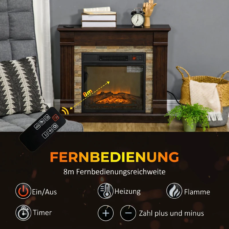 HOMCOM Elektrokamin 1800W elektrischer Kamin mit Heizung, Fernbedienung, Überhitzungsschutz, Dekokamin  Dunkelbraun