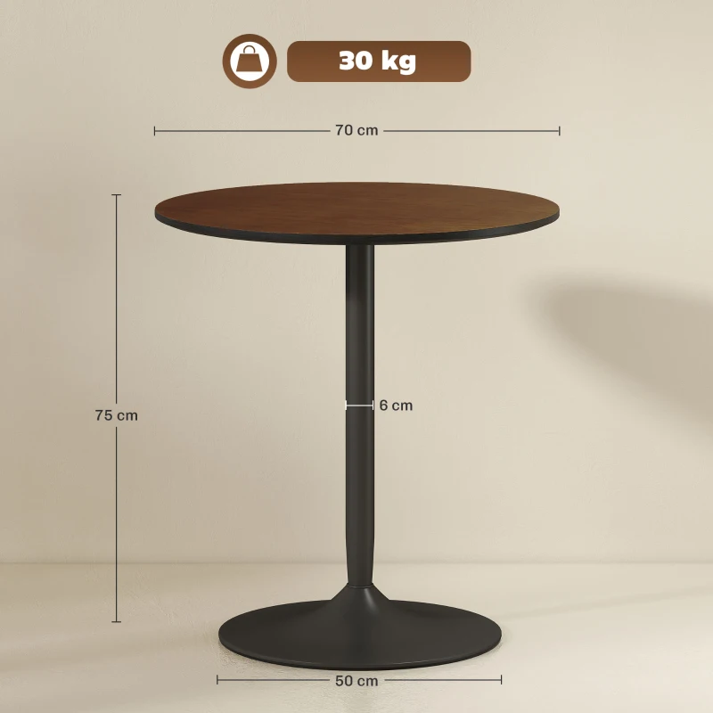 HOMCOM Mesa de jantar redonda 70 cm para 2 pessoas com tampo em folheado de madeira maciça e base em aço castanho