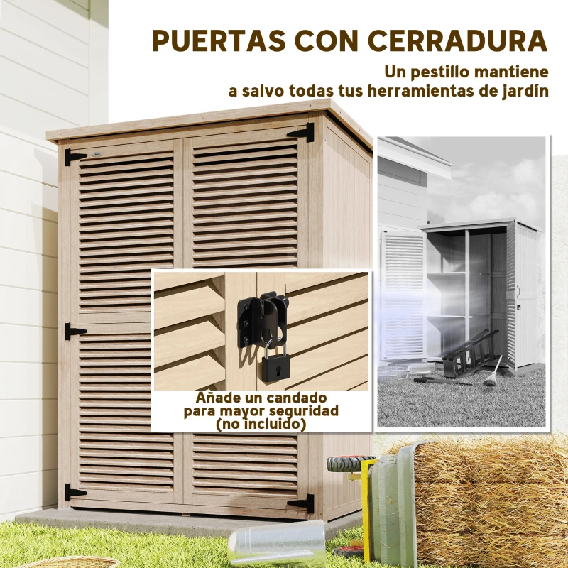 Outsunny Armario de Jardín 0,83 m² 127x65x168 cm con 2 Puertas de Persiana 2 Estantes 2 Asas y Techo Impermeable Natural