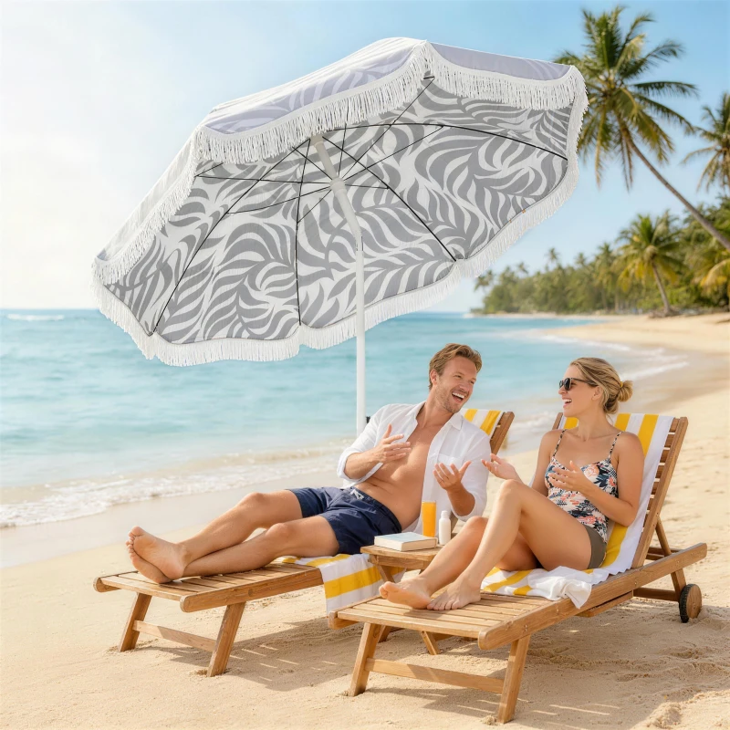Outsunny 1.8 m Beach Umbrella Parasol with Sand Anchor, Portable Tilting Garden Parasol with Adjustable Height, Light Grey