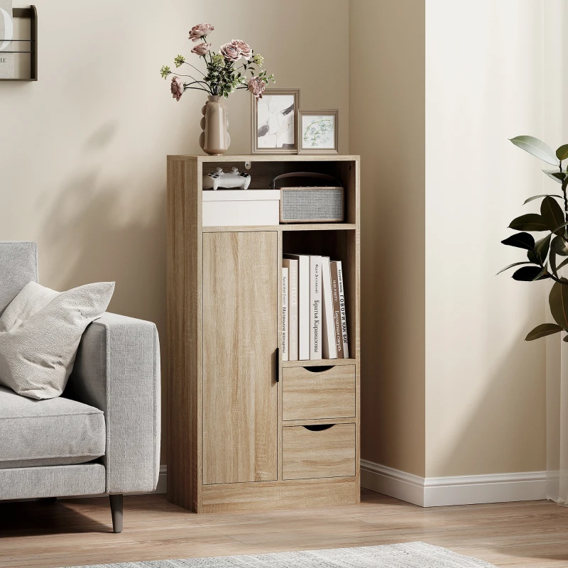 HOMCOM Meuble de salle de bain, meuble de rangement étroit avec 2 tiroirs, compartiments ouverts, 50x25x100cm, bois naturel