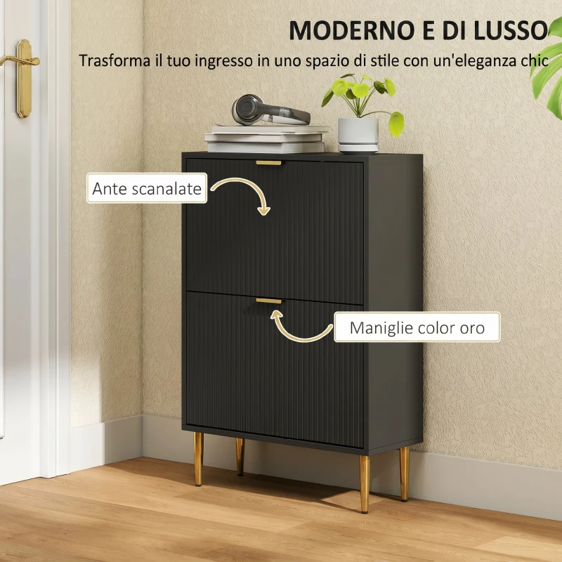 HOMCOM Scarpiera Slim per 12 Paia di Scarpe con 2 Cassetti a Ribalta e Ripiani Regolabili, 60x24x91.5 cm, Nero