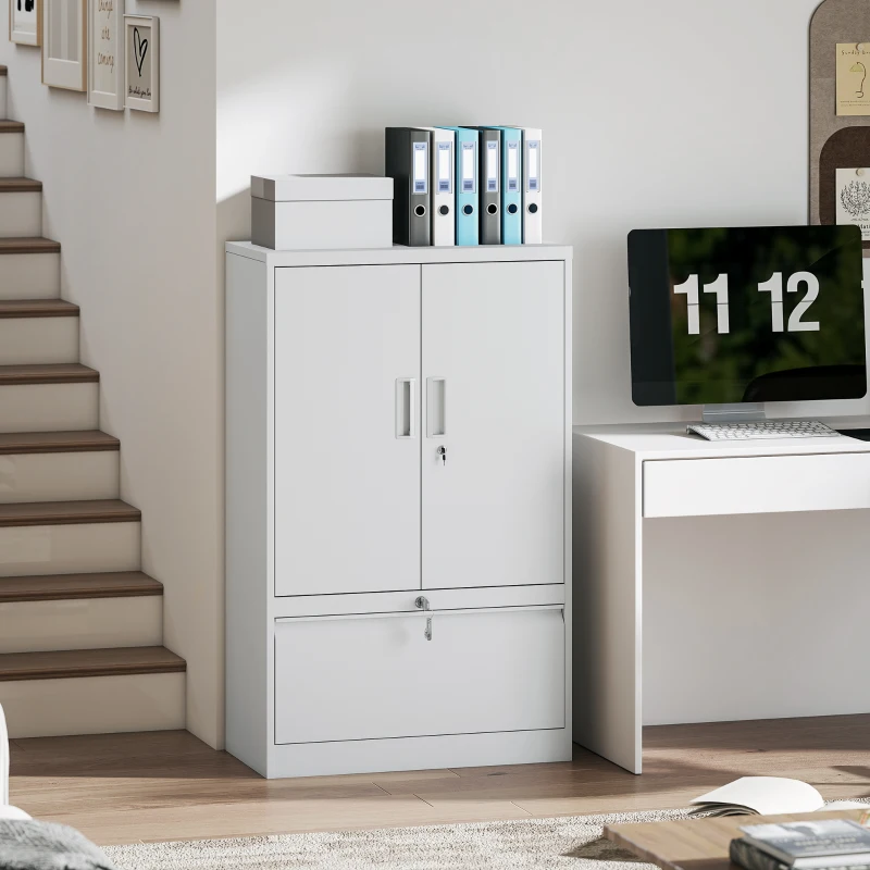 HOMCOM Dulap de Birou din Oțel cu Raft Interior Reglabil și Sertar, 80x40x130 cm, Alb
