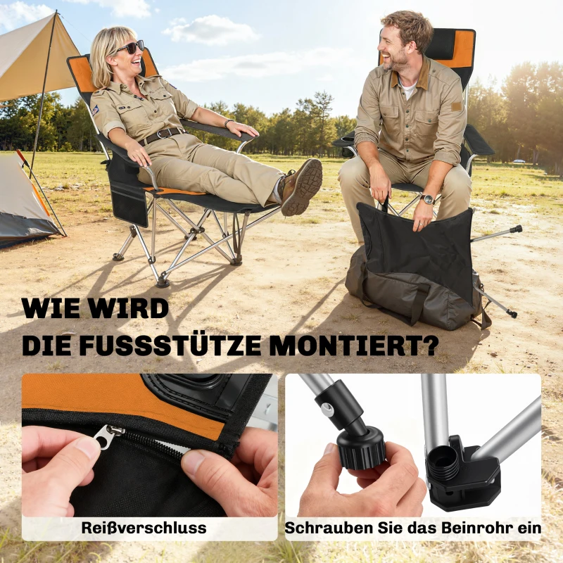 Outsunny 2er Set Campingstuhl faltbar Angelstuhl mit abnehmbar Fußstütze Getränkehalter belastbar 120 kg Orange