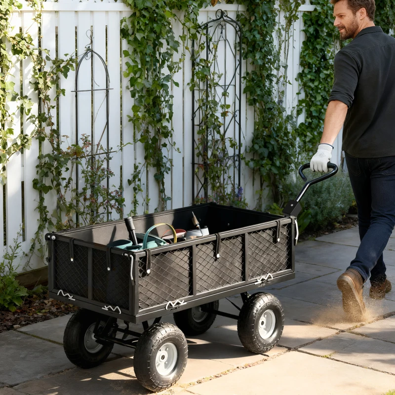 Outsunny 114L Steel Frame Garden Cart Trolley - Black