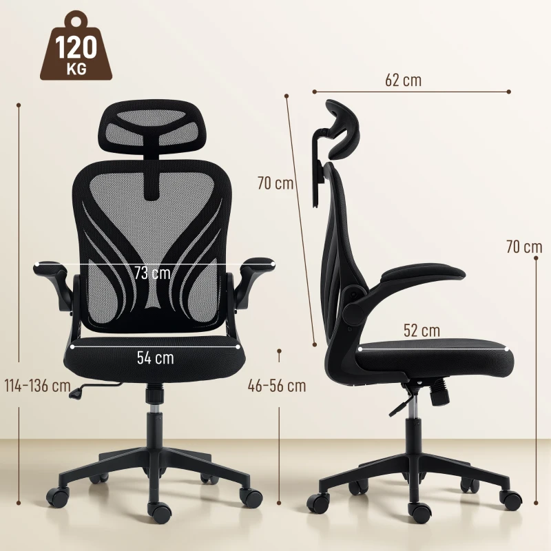 HOMCOM Scaun de Birou Ergonomic cu Brațe Rabatabile, Suport Lombar și Tetieră Reglabilă, Negru