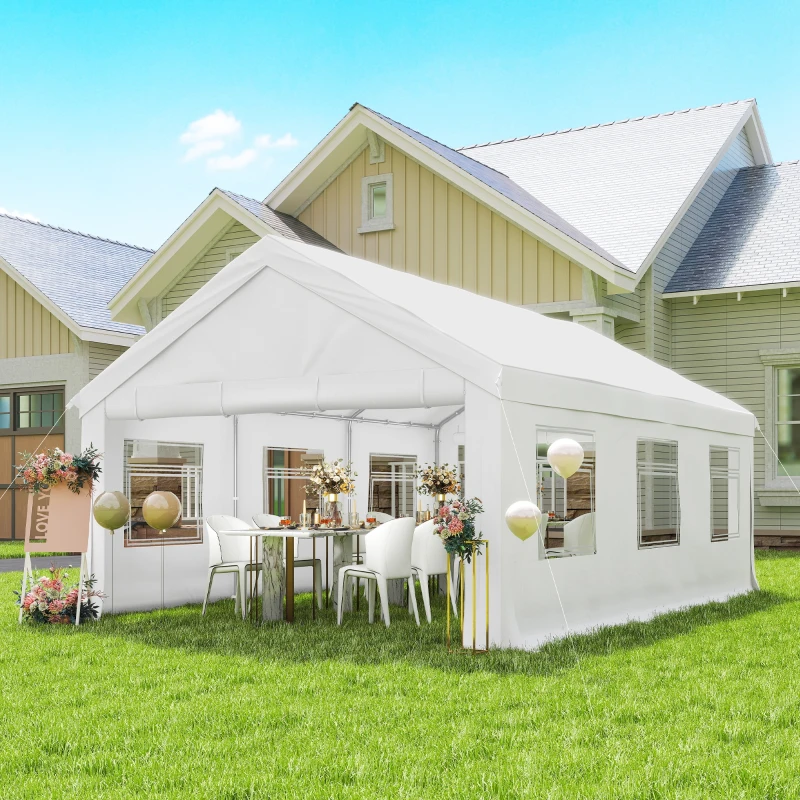 Outsunny Gazebo da Giardino 4x6 m con Pannelli Laterali, 6 Finestre e Doppio Ingresso, in Acciaio Galvanizzato, Bianco