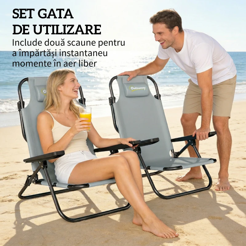 Outsunny Set 2 Scaune de Plajă Pliabile cu Spătar Reglabil și Tetieră, Metal Poliester, 63x75x80 cm, Gri Deschis