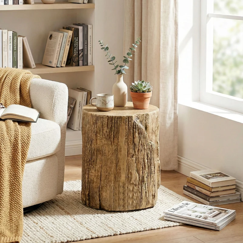 HOMCOM Tree Stump End Table, Round Concrete Side Table for Indoor and Outdoor Use, Natural Wood Effect