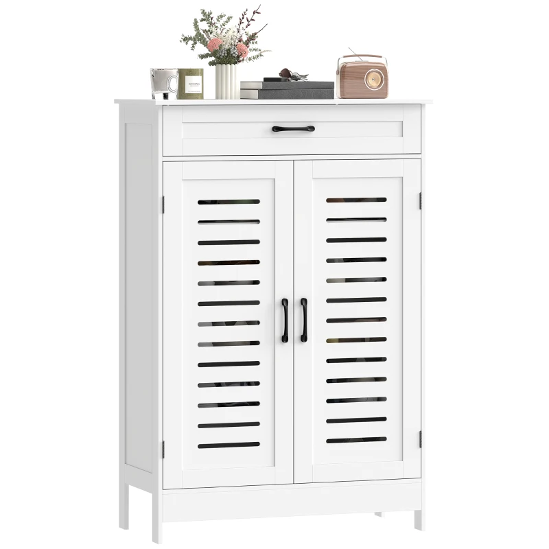 HOMCOM Meuble à chaussures 20 paires, armoire à chaussures avec 2 portes persiennes, tiroir et étagères réglables, blanc