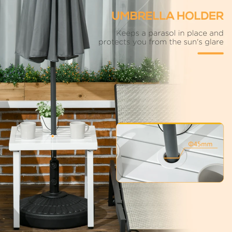 Outsunny Garden Side Table End Table Patio Coffee Table with Umbrella Hole, Steel Frame for Balcony, White