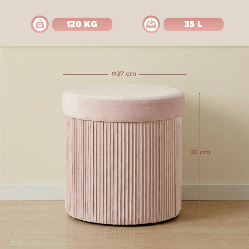 HOMCOM Puff Almacenaje Banco Almacenaje Plegable 35 L 38x38x38 cm Tapizado en Terciopelo Baúl de Almacenamiento Redondo Rosa