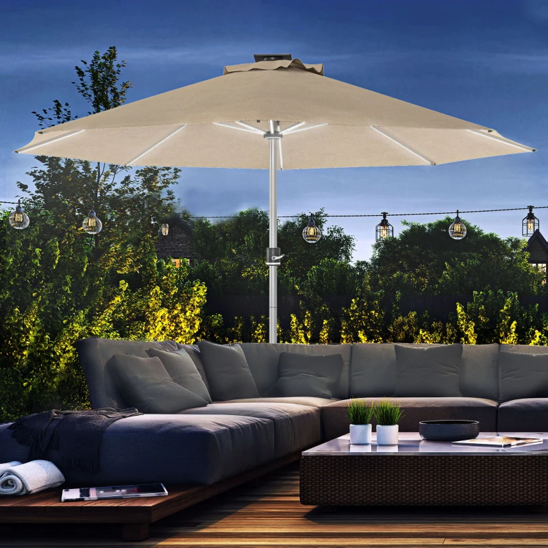 Outsunny 3m Parasol, with Solar-Powered LED Lights - Khaki
