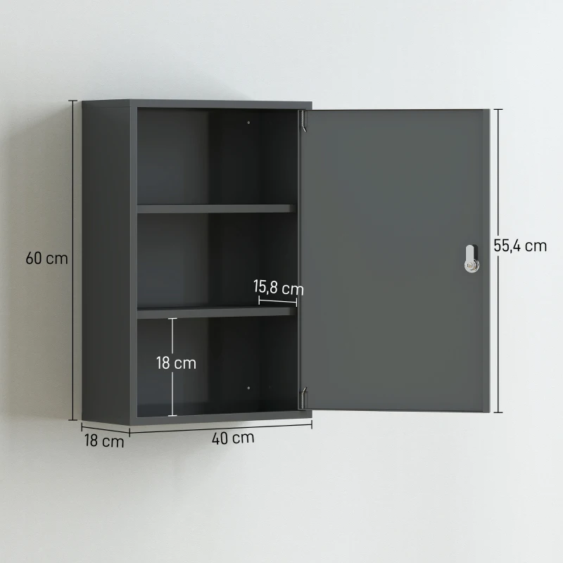 kleankin Wand-Medizinschrank, Badezimmerschrank mit 3 Regalböden, 2 Schlüsseln, 40 x 18 x 60 cm, Grau