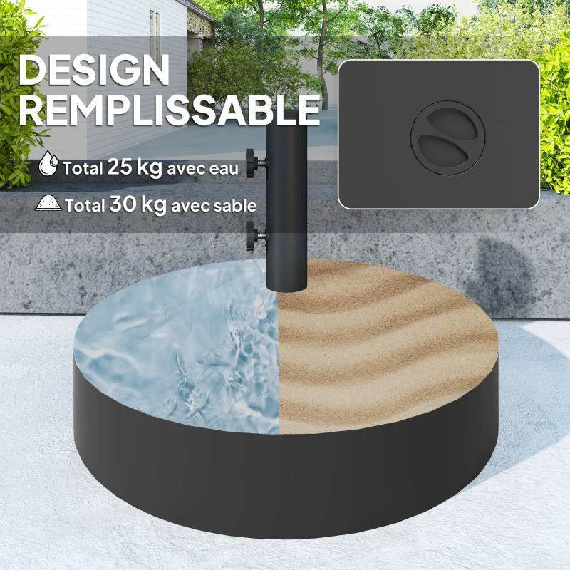 Outsunny Pied de parasol round, socle parasol extérieur à remplir avec 25 L d'eau / 30 kg de sable, 56 x 56 x 40 cm, noir