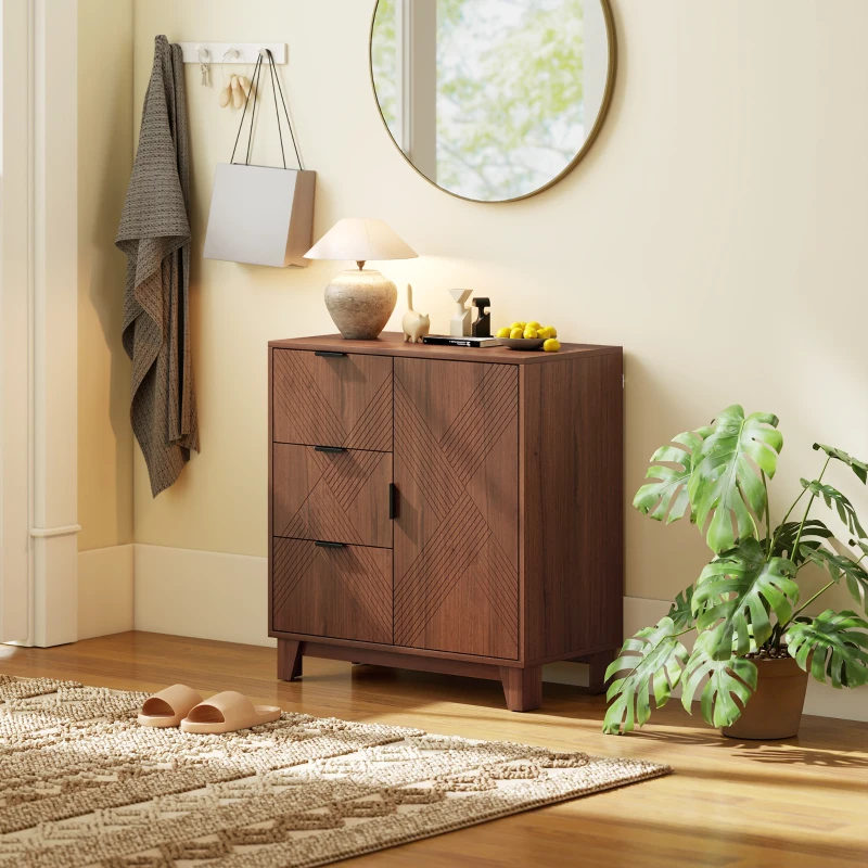 HOMCOM Buffet salon meuble de rangement avec placard à porte 3 tiroirs et étagère réglable 75 x 39 x 80 cm, effet bois marron(m-9)