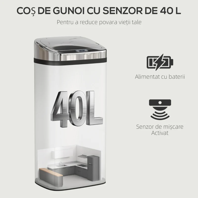 HOMCOM Coș de Gunoi Automat de 40L cu Senzor, Structură din Oțel, 33x25x70 cm, Argintiu