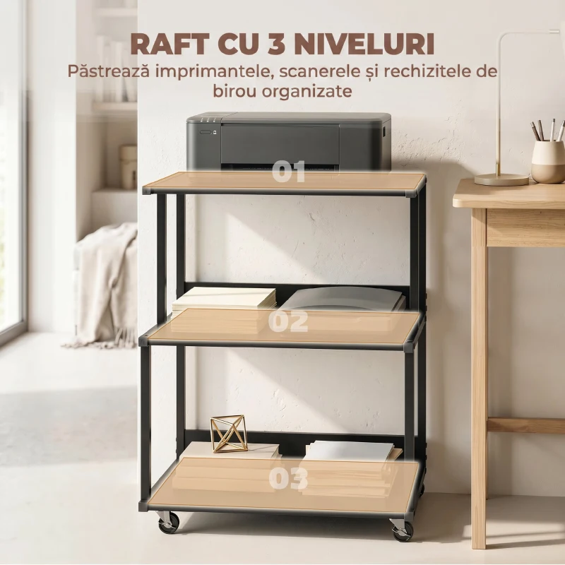 HOMCOM Suport pentru Imprimantă cu 3 Niveluri, Tavă Industrială Metalică pentru Birou, Negru