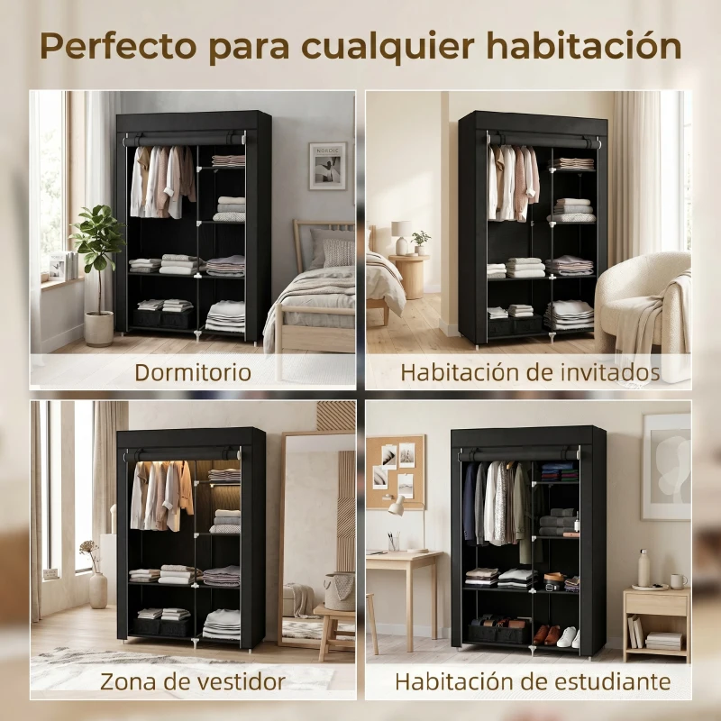 HOMCOM Armario de Tela Plegable Ropero Portátil con 6 Estantes y 1 Barra de Colgar para Dormitorio 103x43x162,5cm Negro