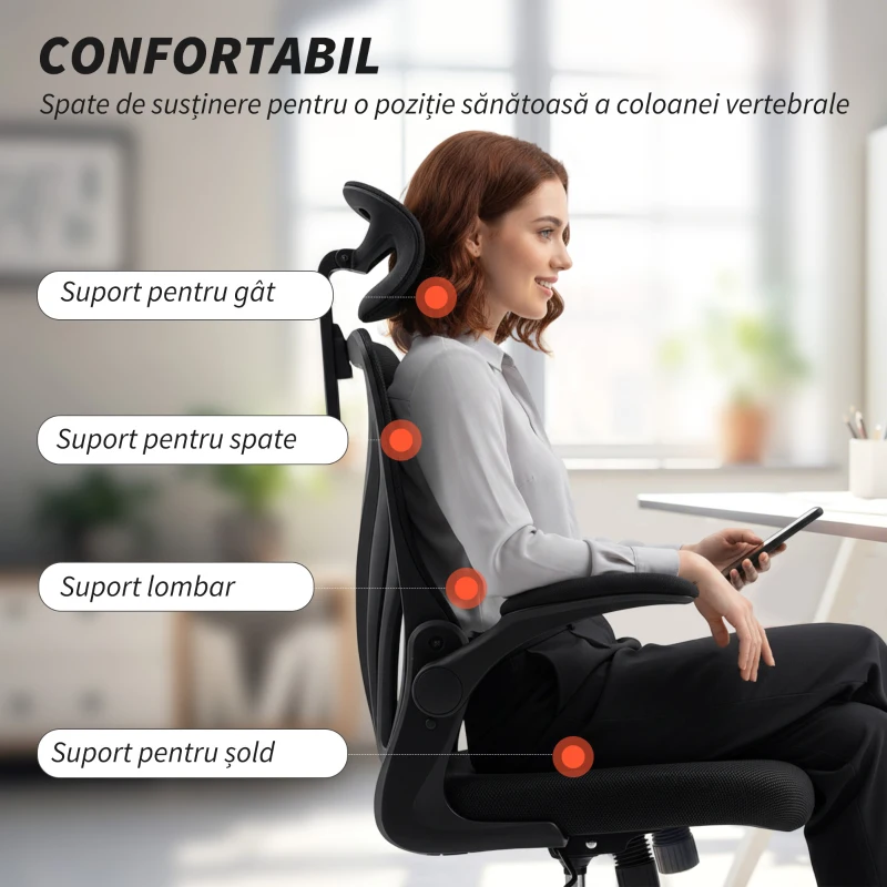 HOMCOM Scaun de Birou Ergonomic cu Brațe Rabatabile, Suport Lombar și Tetieră Reglabilă, Negru