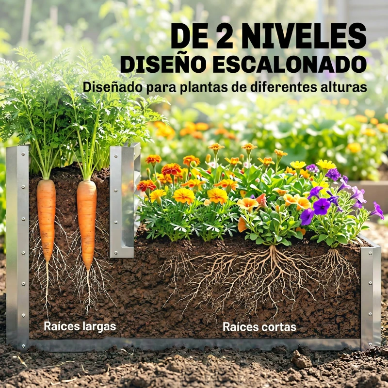 Outsunny Jardinera Exterior de Acero Galvanizado con Diseño de Escalera Base Abierta para Cultivos Plantas 120x101x58 cm Plata