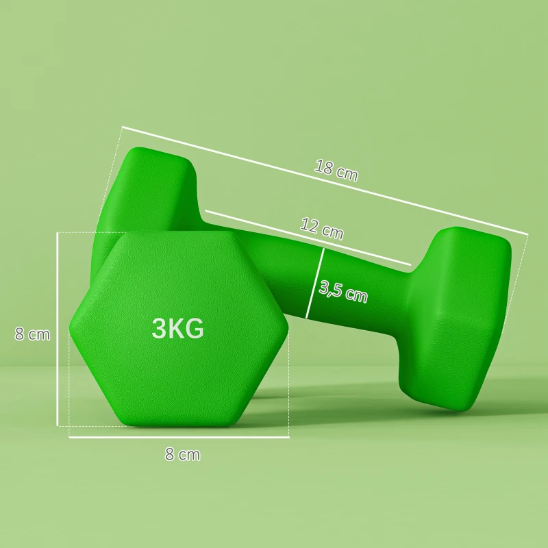 SPORTNOW Set 2 Manubri 3 kg Esagonali e Antiscivolo per Casa e Palestra, in Metallo e Plastica, 18x8x8 cm, Verde