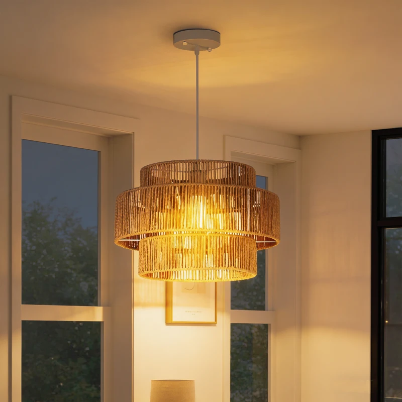 HOMCOM Luminária pendente, cúpula de 3 níveis, Metal, corda de cânhamo, Marrom claro