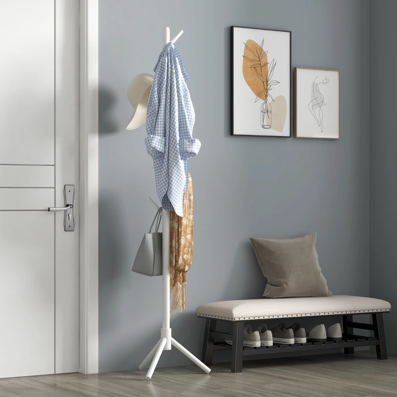 HOMCOM Perchero de Pie de Madera Forma de Árbol con 8 Ganchos para Colgar Ropa Bolsos en Pasillo Entrada 40x40x165 cm Blanco