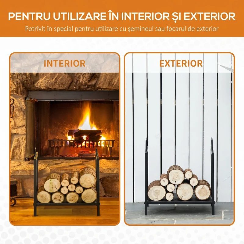 Outsunny Suport pentru lemne de foc, greutate maximă 25kg, pentru interior și exterior, cu 2 mânere, din metal, 44.5x33x46.5 cm, negru