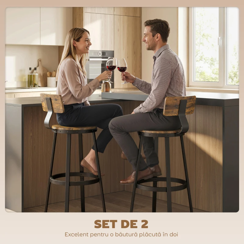 HOMCOM Set 2 Scaune de Bar, Șezuturi Rustice cu Spătar și Suport pentru Picioare, Maro Rustic