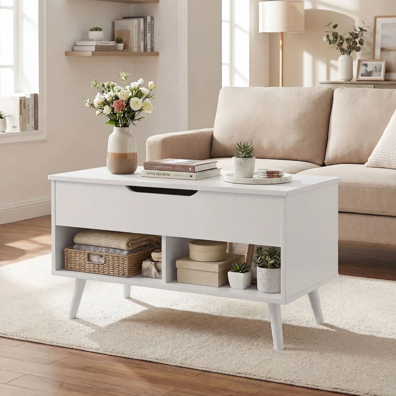 HOMCOM Tavolino da Caffè con Piano Sollevabile e Spazio Nascosto, 75 cm Bianco Punzonato