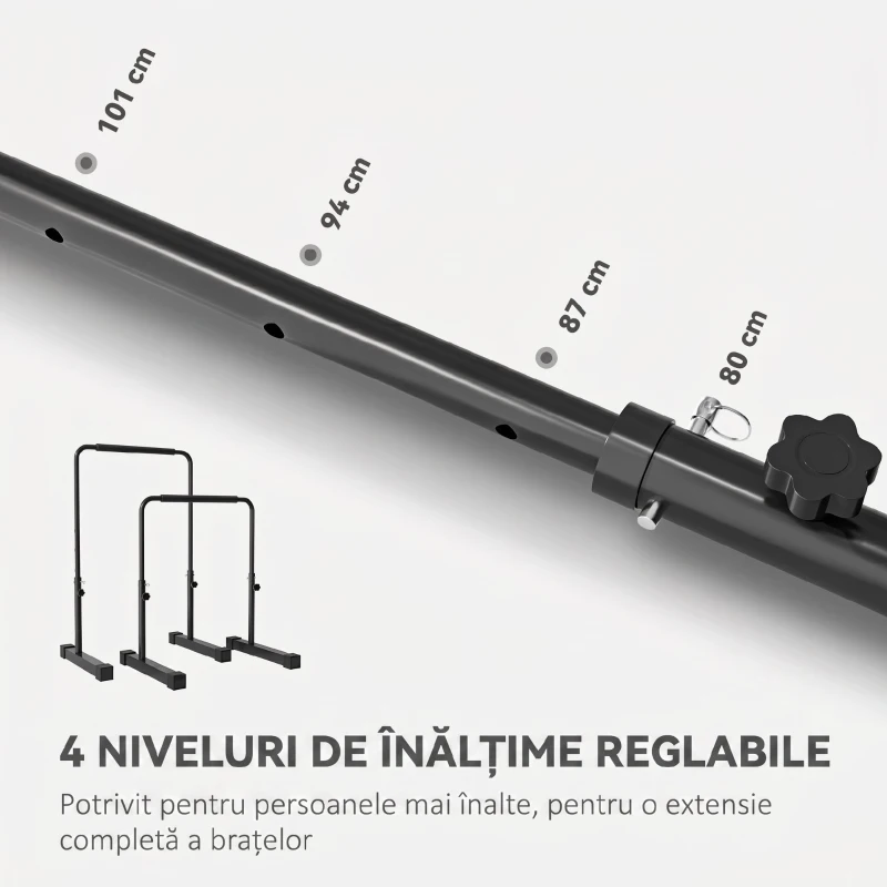 SPORTNOW Set 2 Bare pentru Dips Reglabile pe 4 Niveluri de Înălțime, cu Mânere Antialunecare, Oțel, 70x50x80-105 cm, Negru