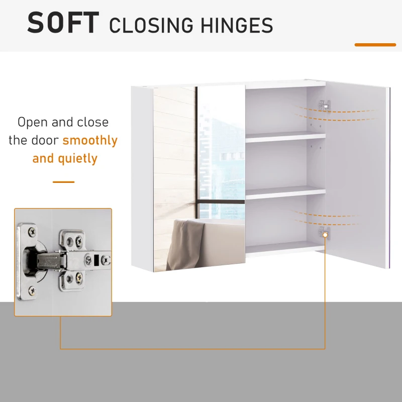 HOMCOM Bathroom Mirror Cabinet, 3-Tier Wall Mount Bathroom Storage Cabinet with Soft-Close Hinges and Adjustable Shelf, Double Door Cupboard, 70 x 15 x 60 cm, White
