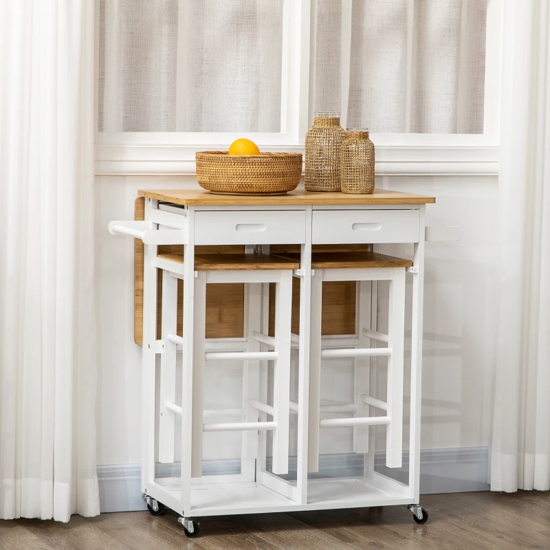 HOMCOM Ensemble table de bar pliable roulettes + 2 tabourets blanc et bois clair - 2 tiroirs et porte-torchons